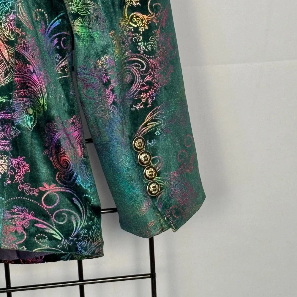 Mage Male Blazer Mens Small Green Multi Velvet Holographic Paisley Dinner Jacket